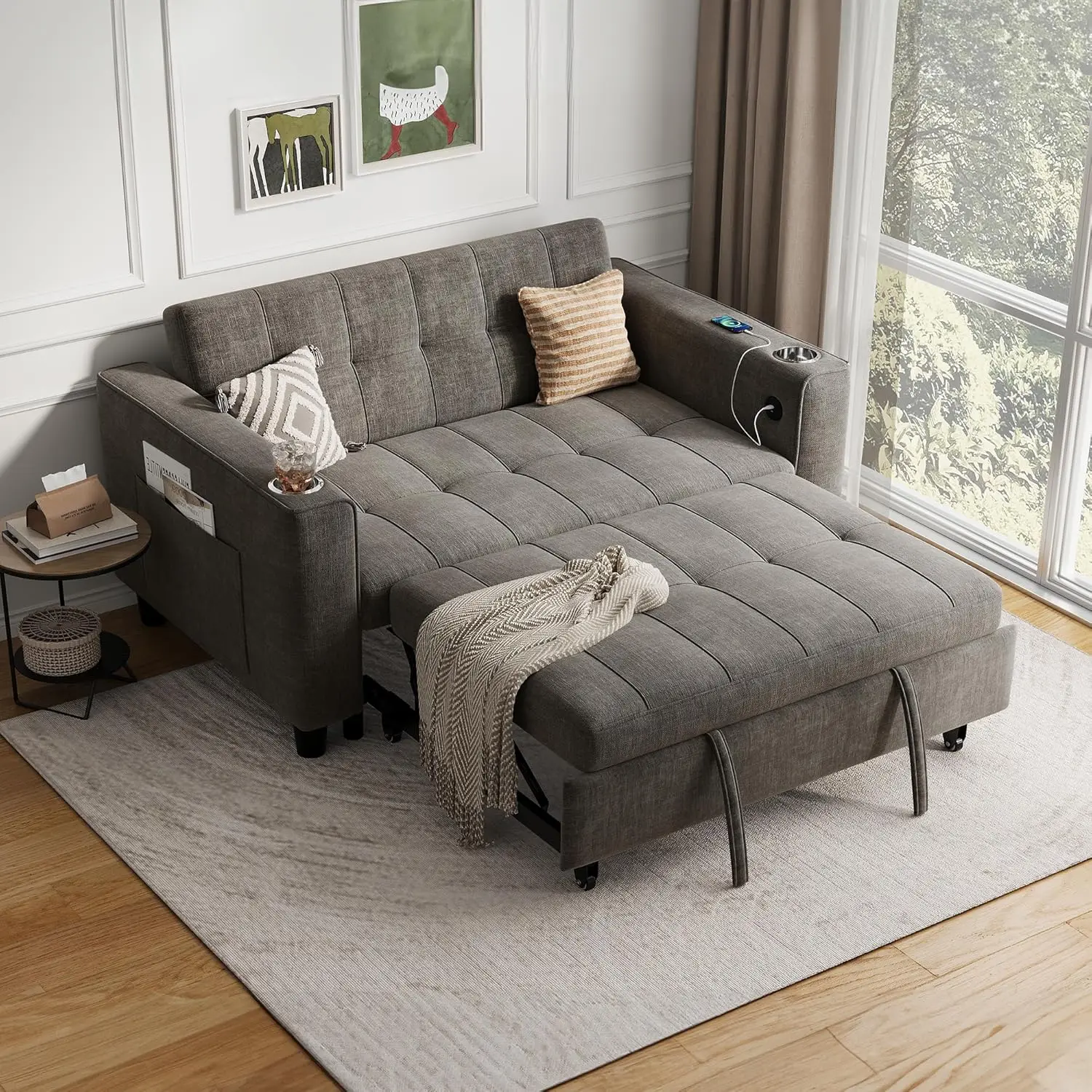 #Convertible Sleeper Sofa Pull Out Corduroy Loveseat Charging Station Cup Holder Side Pocket Small Space