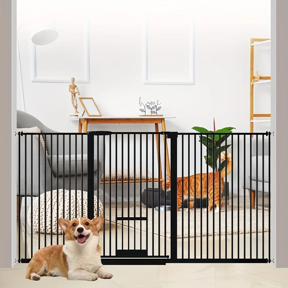

40.55" Tall Heavy-Duty Metal Dog & Cat Gate with Cat Door - Ultra Narrow 1.37" Spacing, Pressure-Mounted No-Drill Installation,