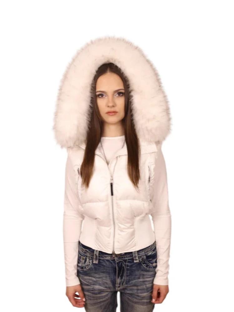 Women Cropped Puffer Jacket, Large Fluffy Faux Fur Hood Zip Up Slim Waist Winter Short Bubble Coat Y2K Streetwear Outerwear