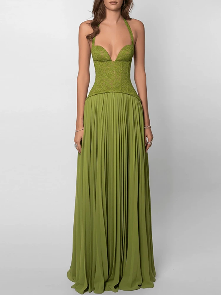 Robe Camisole verte Sexy, coupe basse, col en v, dos nu, ajourée, Slim, vacances, sans manches, pour femmes, printemps été, 2026