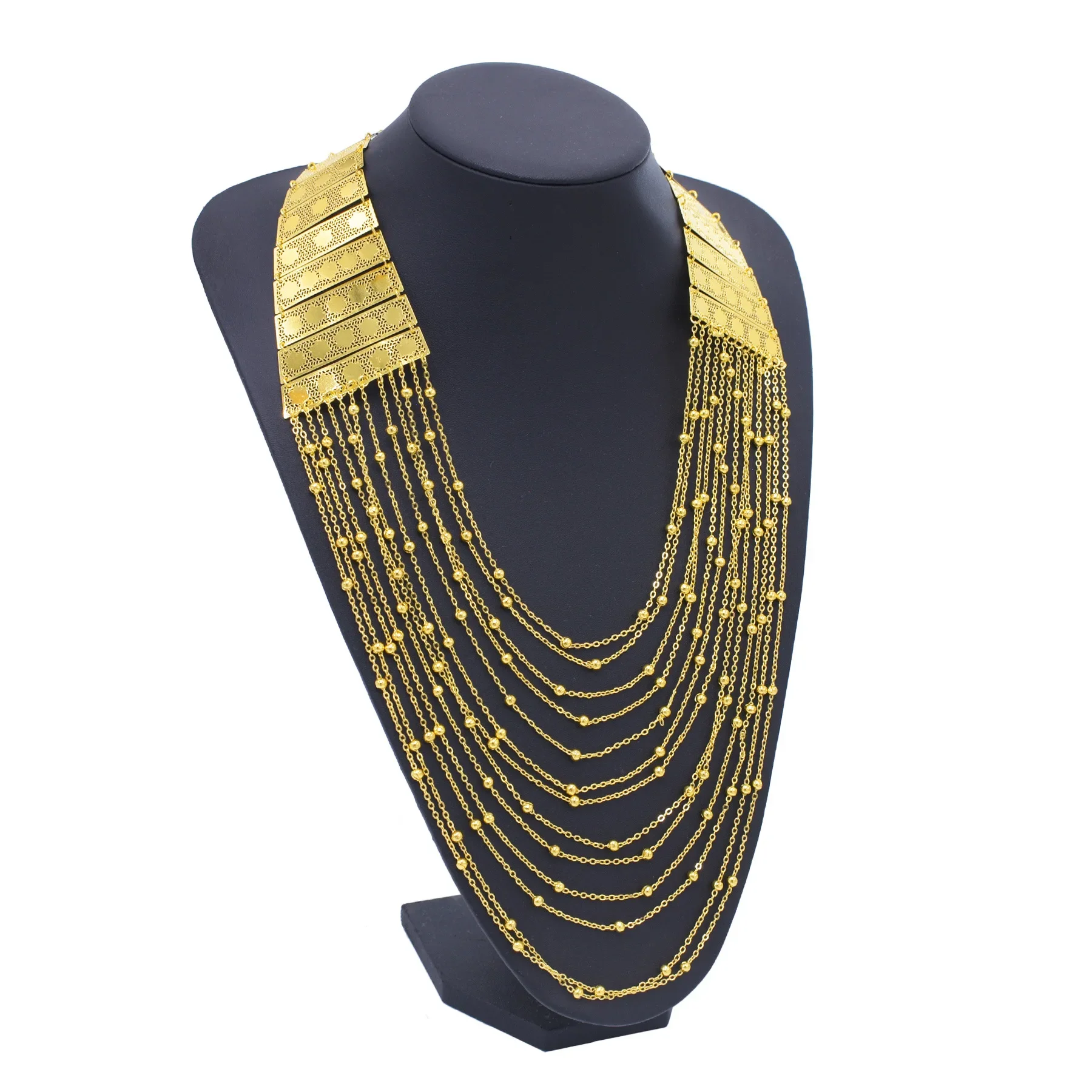 Vintage Luxury Gold Plated Multi Layer Chain Bead Bib Necklace for Women Indian Arab Bride Wedding Accessories Necklace Jewelry