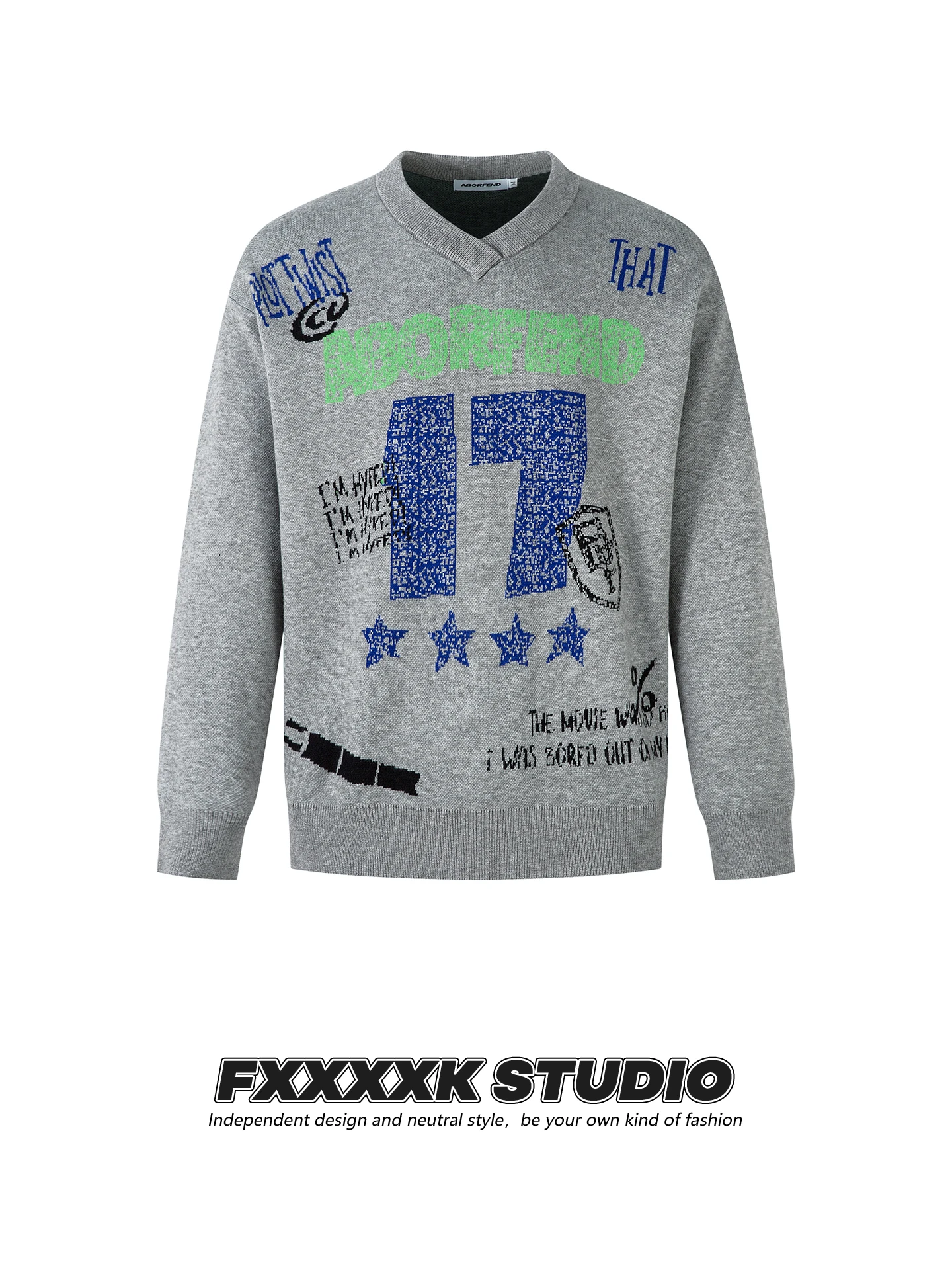 

FXK Original American Retro fiti Knitwear V-Ne Loose Casual Sweater Men's Autumn Top Warm Long Sve Polyester Blend