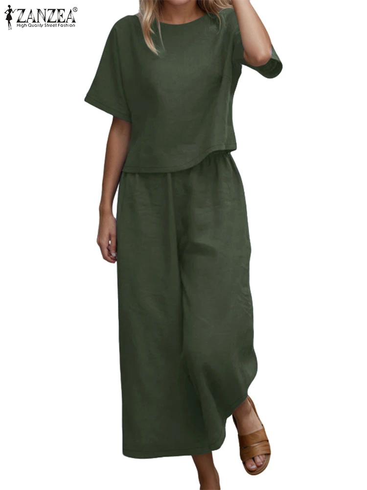 

ZANZEA Daily Loose 2 Piece Sets O-Neck Half Sleeve Tops Wide Leg Cropped Pants Casual 2025 Summer Two Piece Outfits Pant Sets