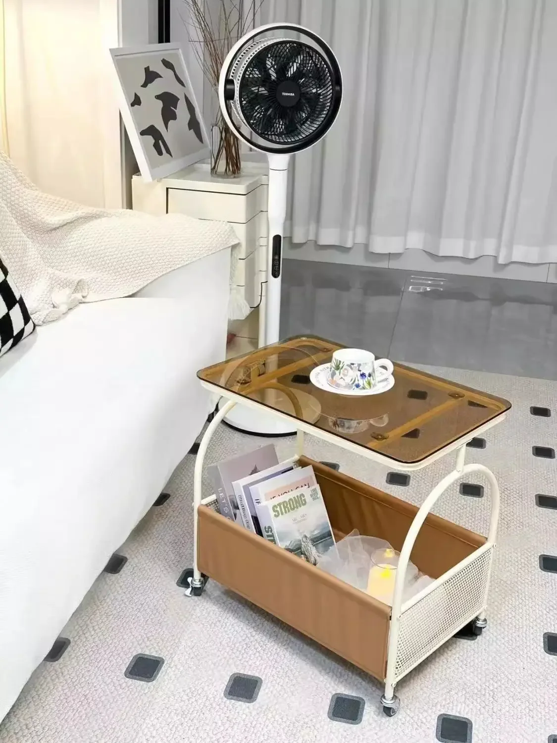 Movable Iron Coffee Table Tempered Glass Cart with Wheels Living Room Bedroom Sofa Double-layer Storage Rack Storage Small Table