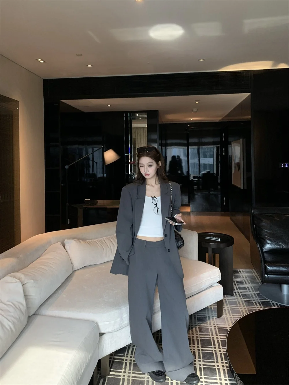 

Fashionable Loose Midi Suit Jacket And Straight Leg Pants Women's Two-Piece Set Spring Draping Casual Trousers Ensemble
