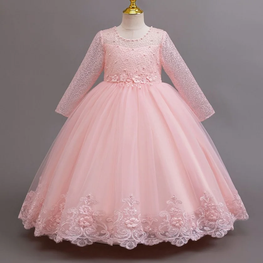 Girls lace long-sleeved princess dress 4-12 years old fashionable bow tutu skirt birthday party host stage catwalk evening dress image 6