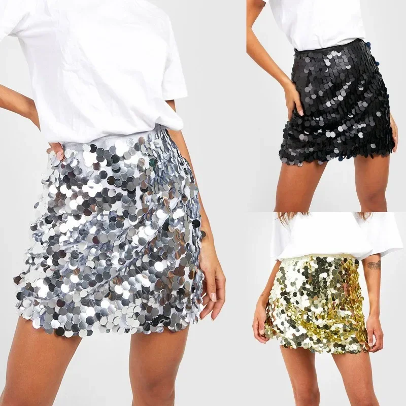 Women's Sexy Sequin Skirt High Waisted Shiny Mini Skirt Korean Zipper A-line Black Y2k Evening Skirt Club Slim Fit Gothic YDL30