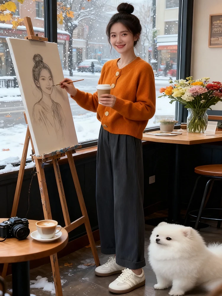 

Slimming Knitted Top And Wide Leg Pants Two Piece Set Fashionable Korean Style Women's Spring Clothing Long Sleeve round Neck