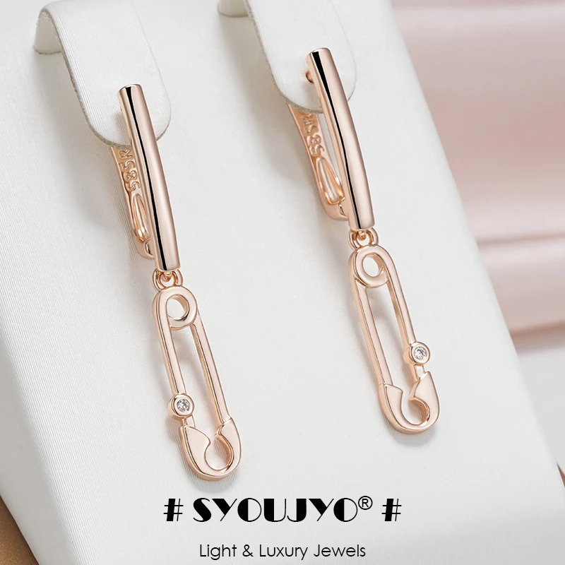 SYOUJYO 585 Rose Gold Color Paper Clip Drop Earrings For Women Natural Zircon Fine Jewelry Easy Matching Vintage Long Earrings