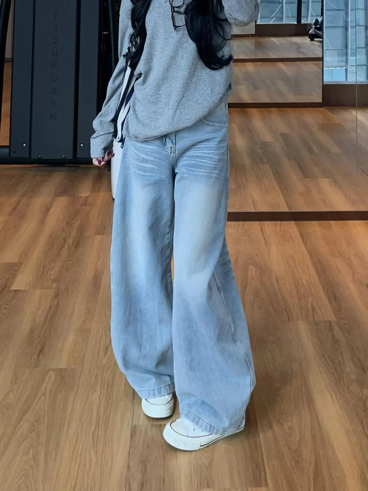 Light Wash Loose Wide Leg Jeans Women Petite Autumn Casual Retro Streetwear Denim Pants - view 2