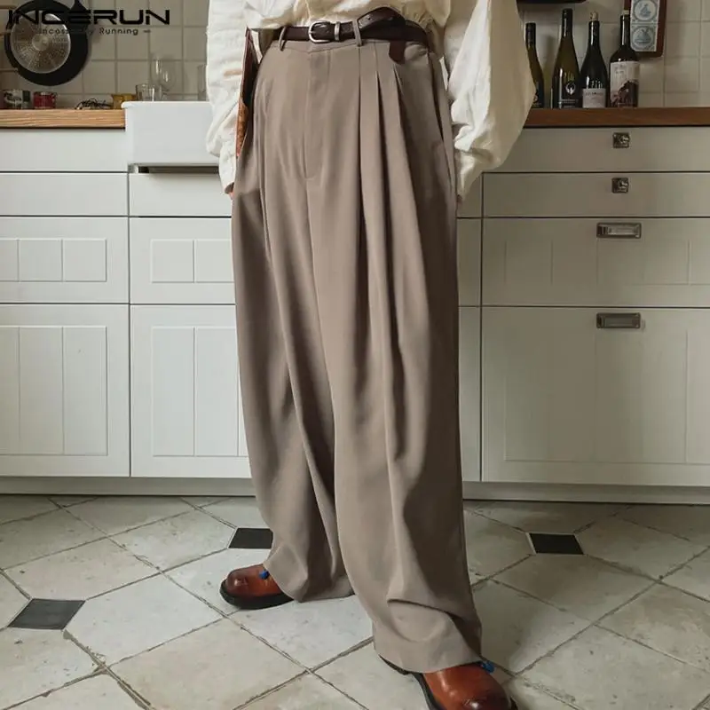 INCERUN 2024 Korean Style Trousers New Men Solid Color Long Pants Fashionable Casual Male Floor Mop Straight Leg Pantalons S-5XL