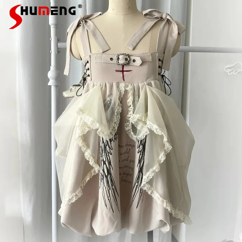 

Japanese Rojita Original Wing Print Vestidos Strap Drawstring Lift Swing Mesh Doll Dress Lolita Y2k Short Sleeveless Dresses
