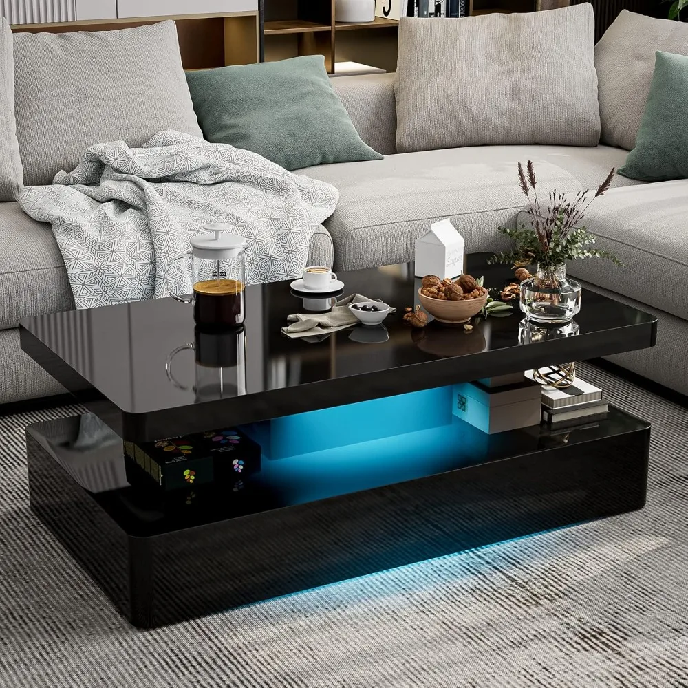 LED High Glossy Coffee Table, Modern Coffee Table for Living Room, 2 Tiers Rectangle Design Coffee Table with 16 Colors LED