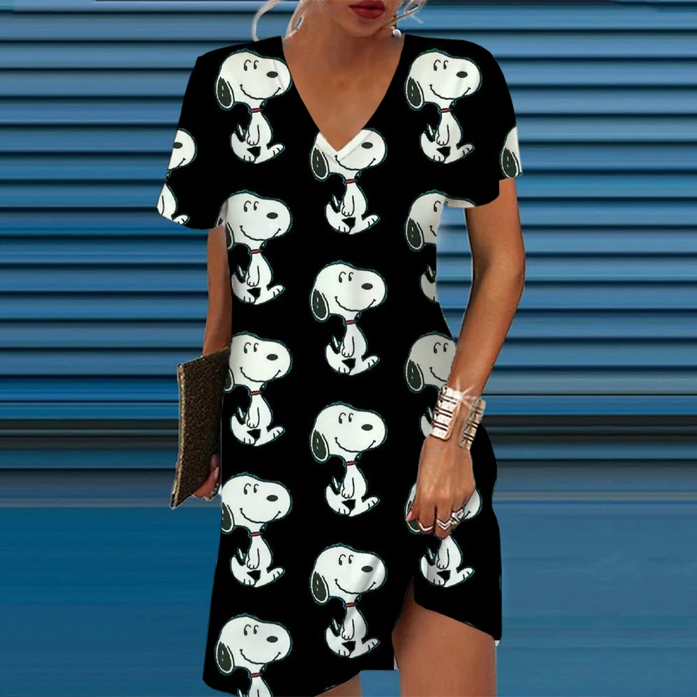 

Disney Snoopy A-line V-neck Dresses For Woman Summer 3D Print Clothing Cartoon Women's Beach Dress Cute Sexy Beach Cool Top