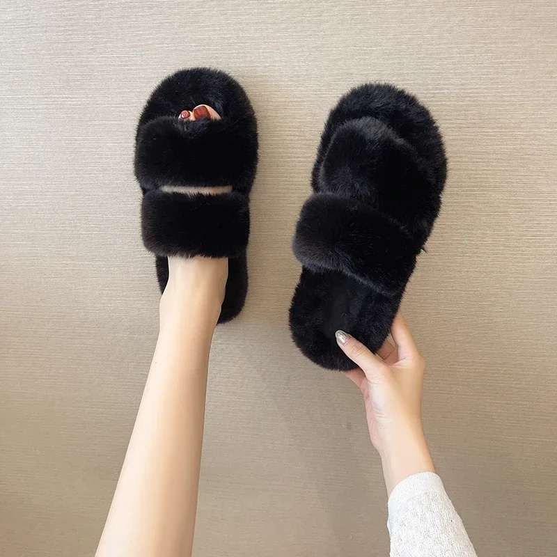 Winter Nieuwe Eenvoudige Pure Kleur Vrouwelijke Slippers 2024 Klassieke Alles Op De Dikke Zool Pluche Design Vrouwelijke Thuisslippers