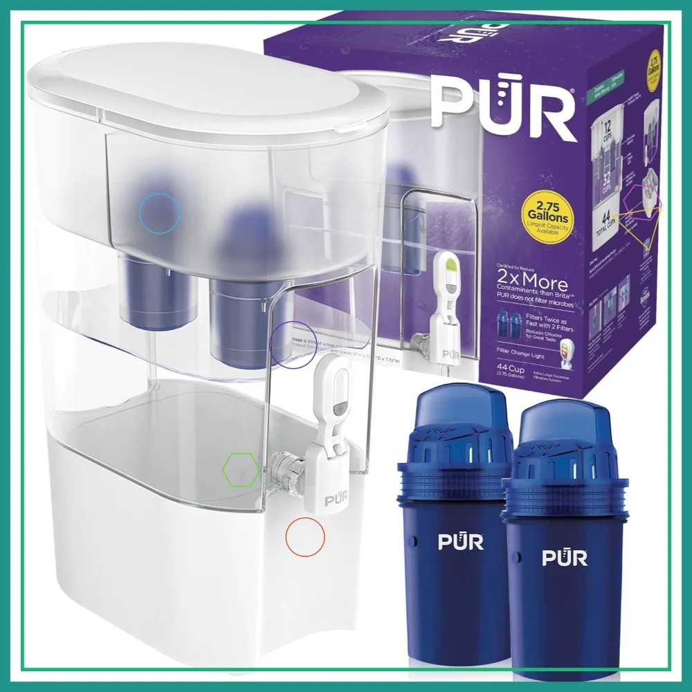 

Диспенсер для воды XL на 44 чашки с 2 фильтрами, максимальная вместимость, быстрая фильтрация, можно мыть в посудомоечной машине