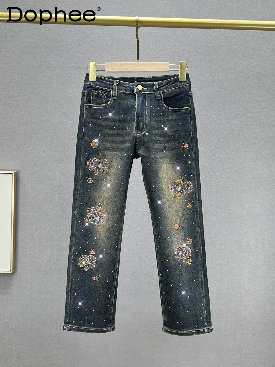 Heavy Industry Color Diamond Denim Straight Pants Women's 2024 New Early Autumn High Waist Skinny Ethnic Eight-point Pants