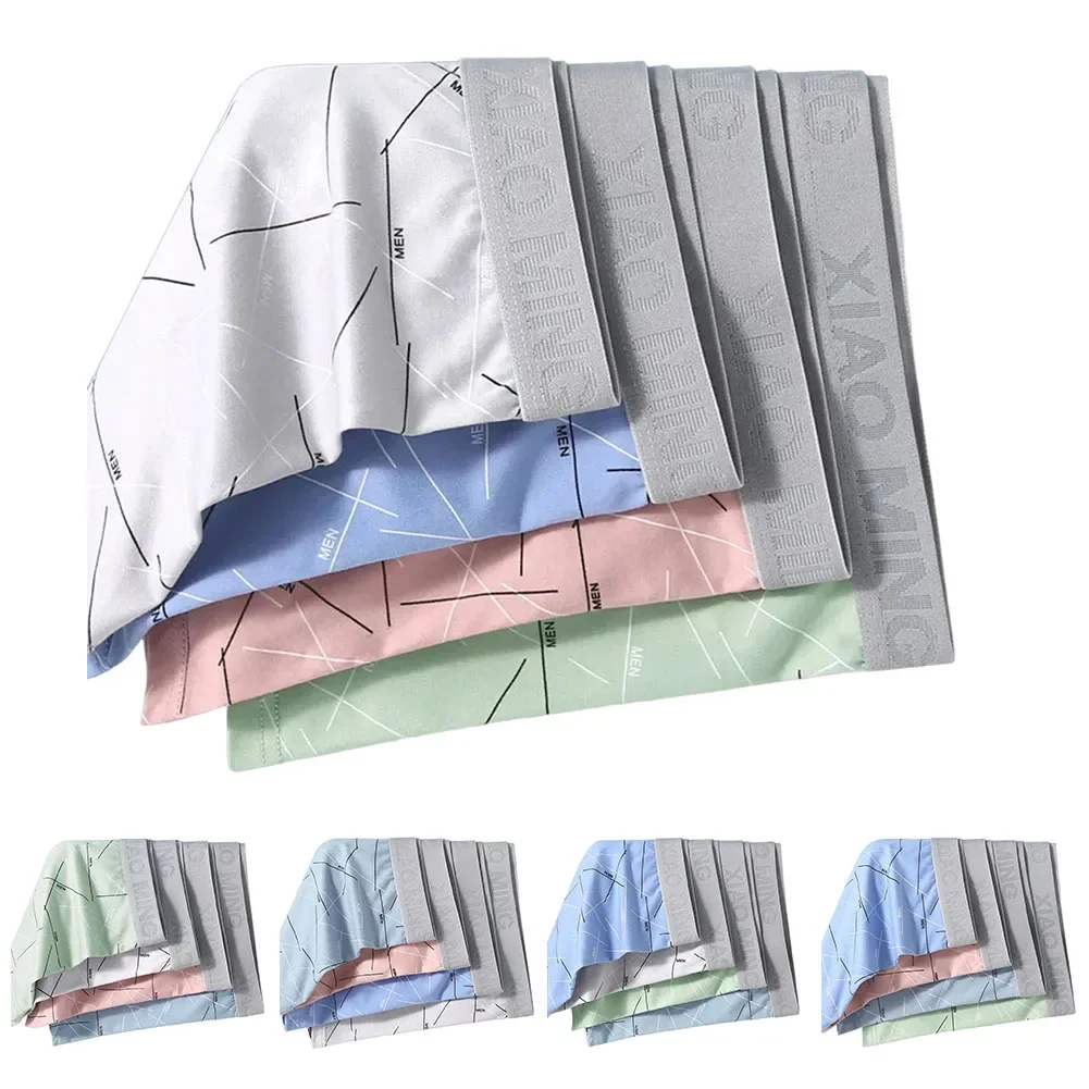 

4Pcs Men Thin Striped Middle Waist Boxers Short Underwear Sleepwear Breathable Panties Boxer Trunk Set
