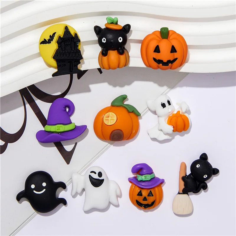 

5Pcs Kawaii Colorful House Sweeper Cat Pumpkin House Ghost Flatback Cabochons For Hairpin Figurine Scrapbooking Accesorios Diy