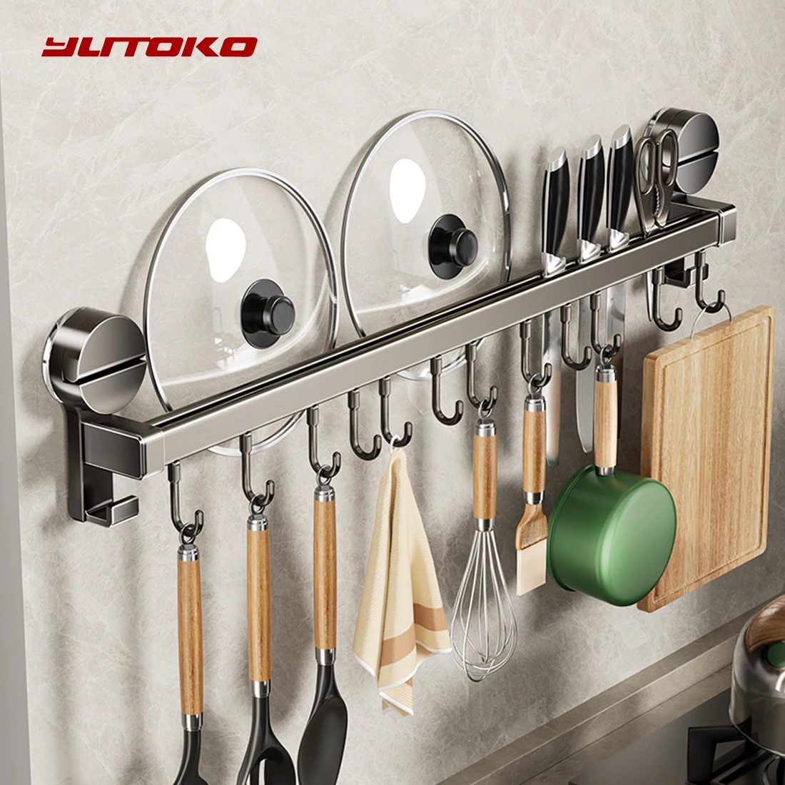 Yutoko Kitchen Hook Punch-free Hanging Rod Spovel Hanger Row Hook Multifunctional Wall-mounted Storage Knife Holter ﻿