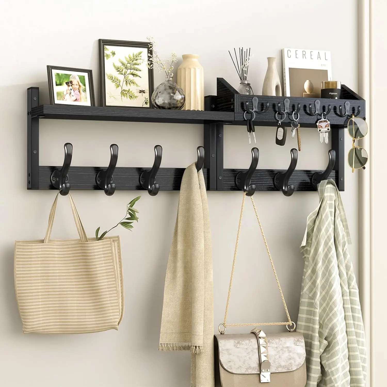 

29" Wall Mounted Coat Rack with Shelf, 4-in-1 Key and Mail Holder, 11 Hooks for Entryway, Living Room, Bedroom in Black