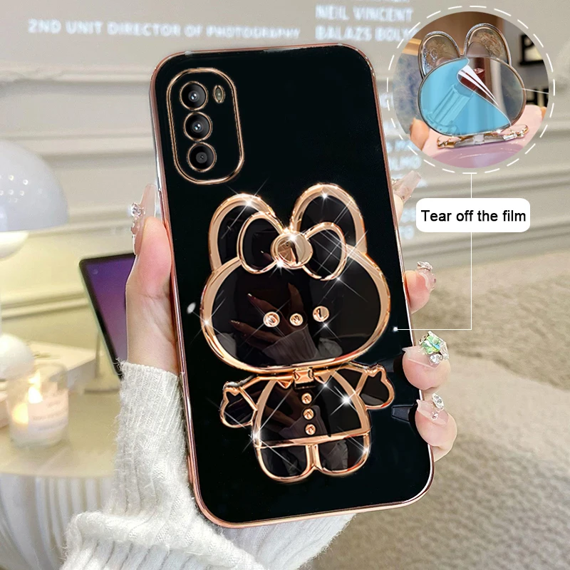 For Motorola G52 Phone Case Soft Silicone Plating Cartoon Rabbit Fold Stand Makeup Mirror Bracket Cover