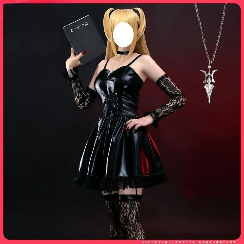 Anime MisaMisa Cosplay Costume Death Black Spaghetti Strap Dress Skintight Leather Lace Clothes Full Set Note for Women Girls