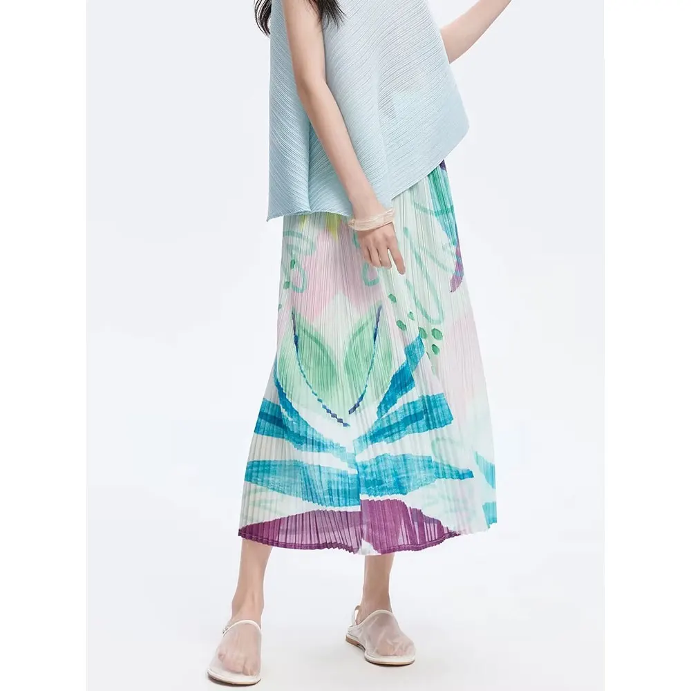 Willshela Women Fashion Printed Large Swing Pleated Midi A-Line Skirt Elastic Waist Female Chic Lady Casual Long Loose Skirt