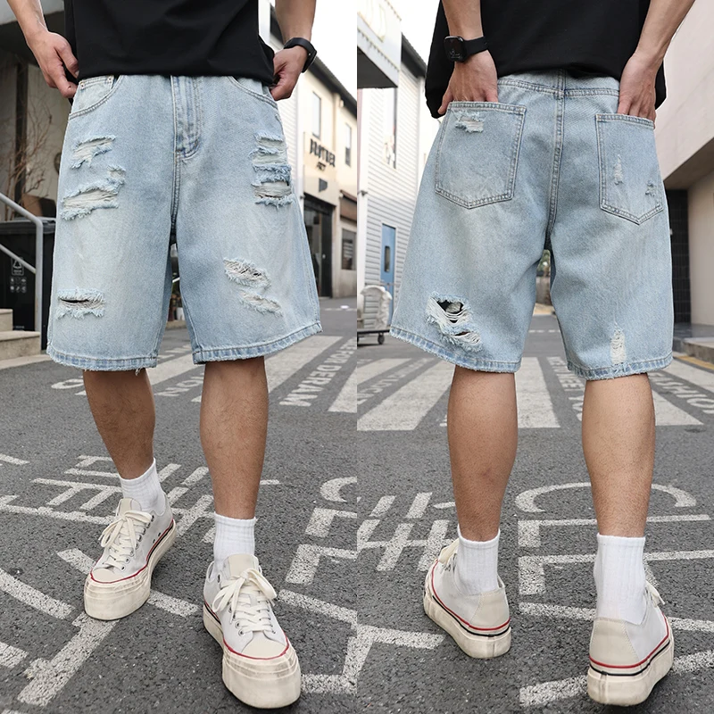 Ripped Denim Shorts for Men, Trendy Loose Casual Mid-Length Shorts, Summer Distressed American Style Washed Vintage Five-Point S