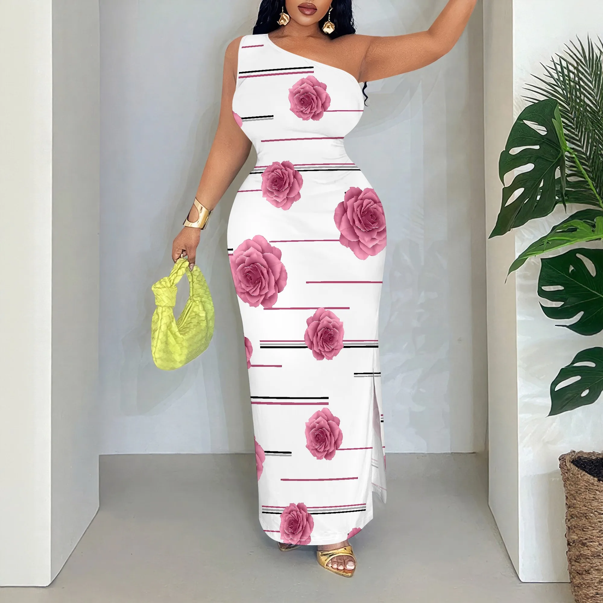 

Floral One Shoulder Dress, Sleeveless Bodycon Maxi Gown, Pink Rose Print Party Wear, Elegant Summer Outfit for Women S-2XL
