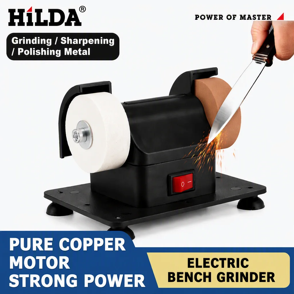 HILDA Electric Bench Grinder Stepless Speed Control Pure Copper Motor Dual Coarse Fine Grinding Wheel for Metal Polishing Tool