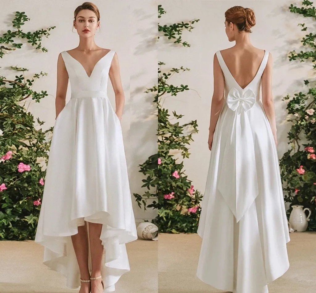 Simple V Neck Wedding Dresses 2026 Hi-Low Open Back Sleeveless Bride Dress Satin Bow Bridal Party Grown Vestidos De Novia