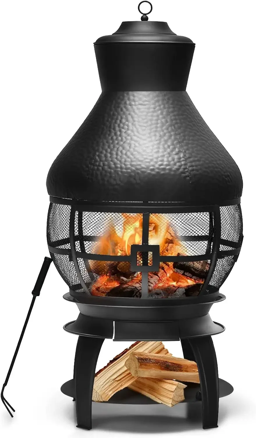 Wood Burning Chiminea, Heavy Duty Fireplace Chiminea Wooden Fire Pit with 2-piece Log Grate, Premium Rain Cap & Fire Poker