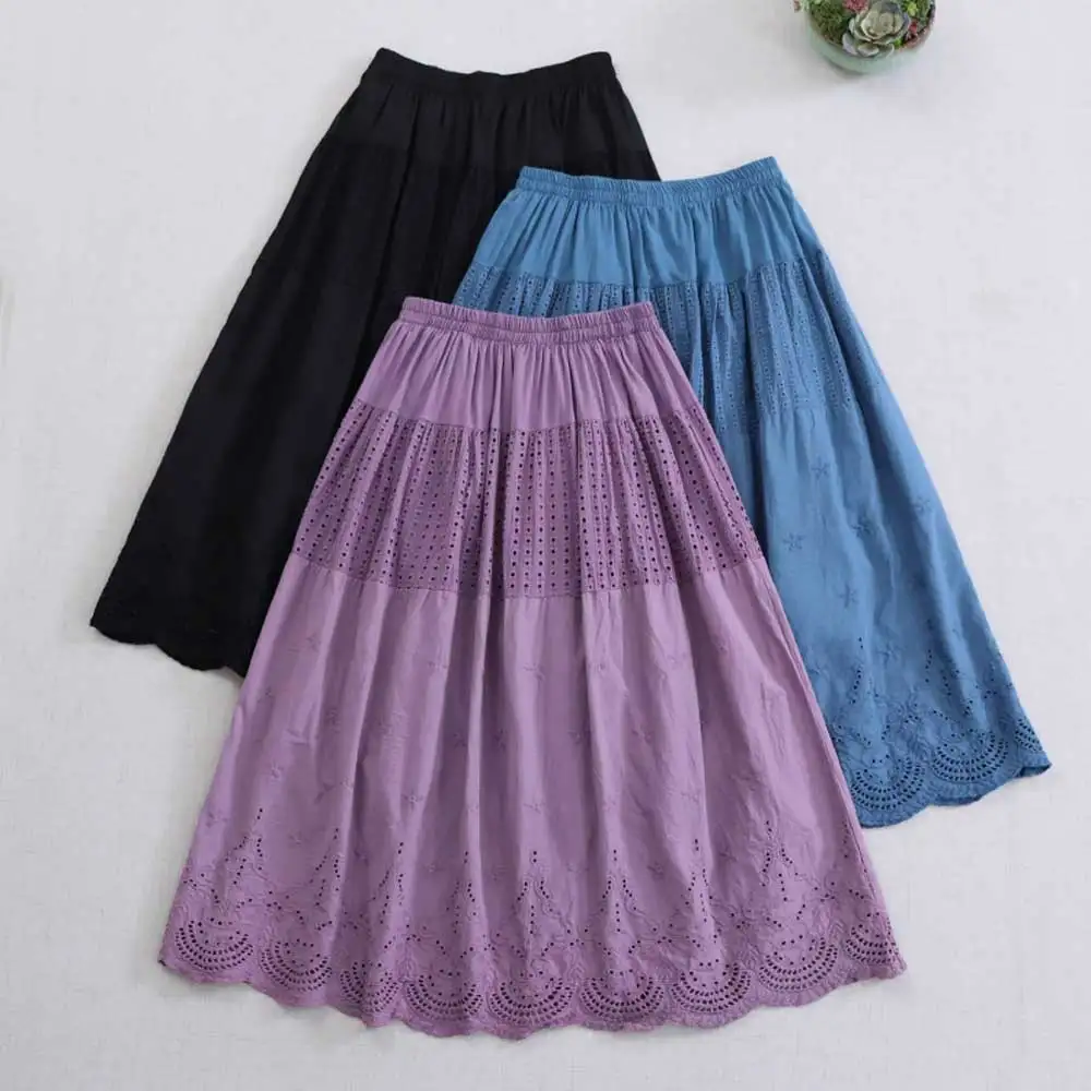 

Japanese Sweet Mori Girl Embroidery Hollow Out Cotton Skirts Women Autumn Solid Color Elastic Waist Casual Loose A-Line Skirts