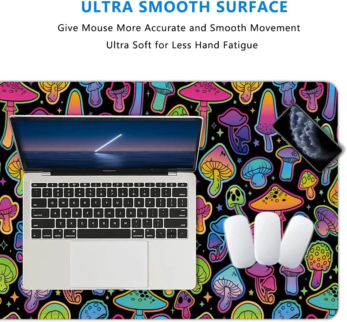 Large Mouse Pad Colorful Bright Psychedelic Mushrooms Large XL Desk Mat Extended Waterproof Mouse Mat 31.5 X 11.8 Inch