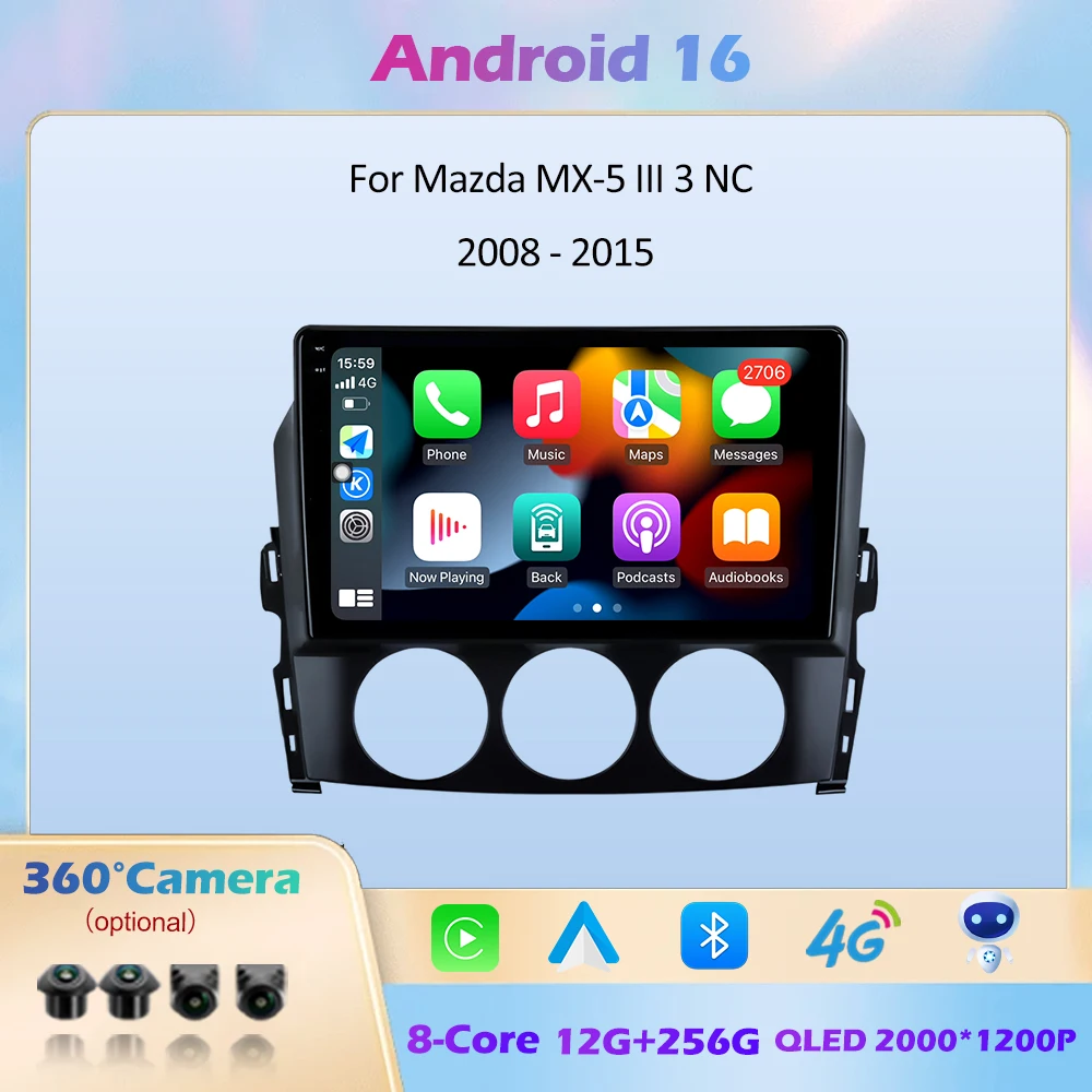 

For Mazda MX-5 III 3 NC 2008-2015 Android 16 GPS Navigation Wireless Carplay Touch Screen Bluetooth Car Multimedia Player DVR 4G