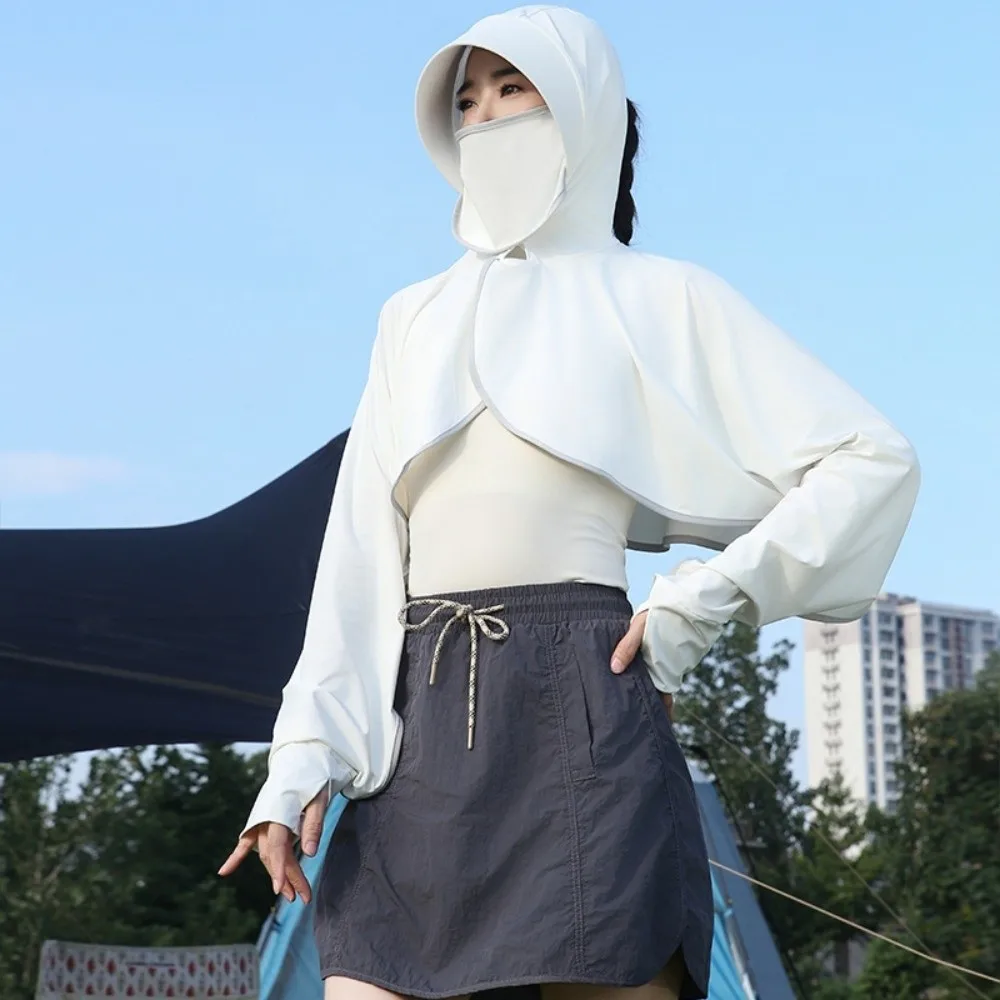 

Ice Silk 3 in 1 Sunscreen Hoodie Solid Color Long Sleeve Facemask Hat Sunscreen Shawl Loose Fit UV Protection