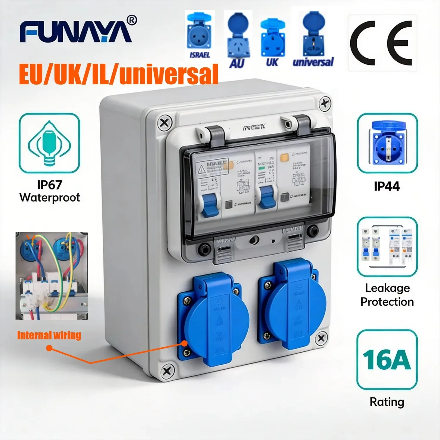 EU KR Universal UK AU Outdoor Portable Current Box Waterproof Industrial Distribution Cabinet with Leakage Protector Breaker RCD