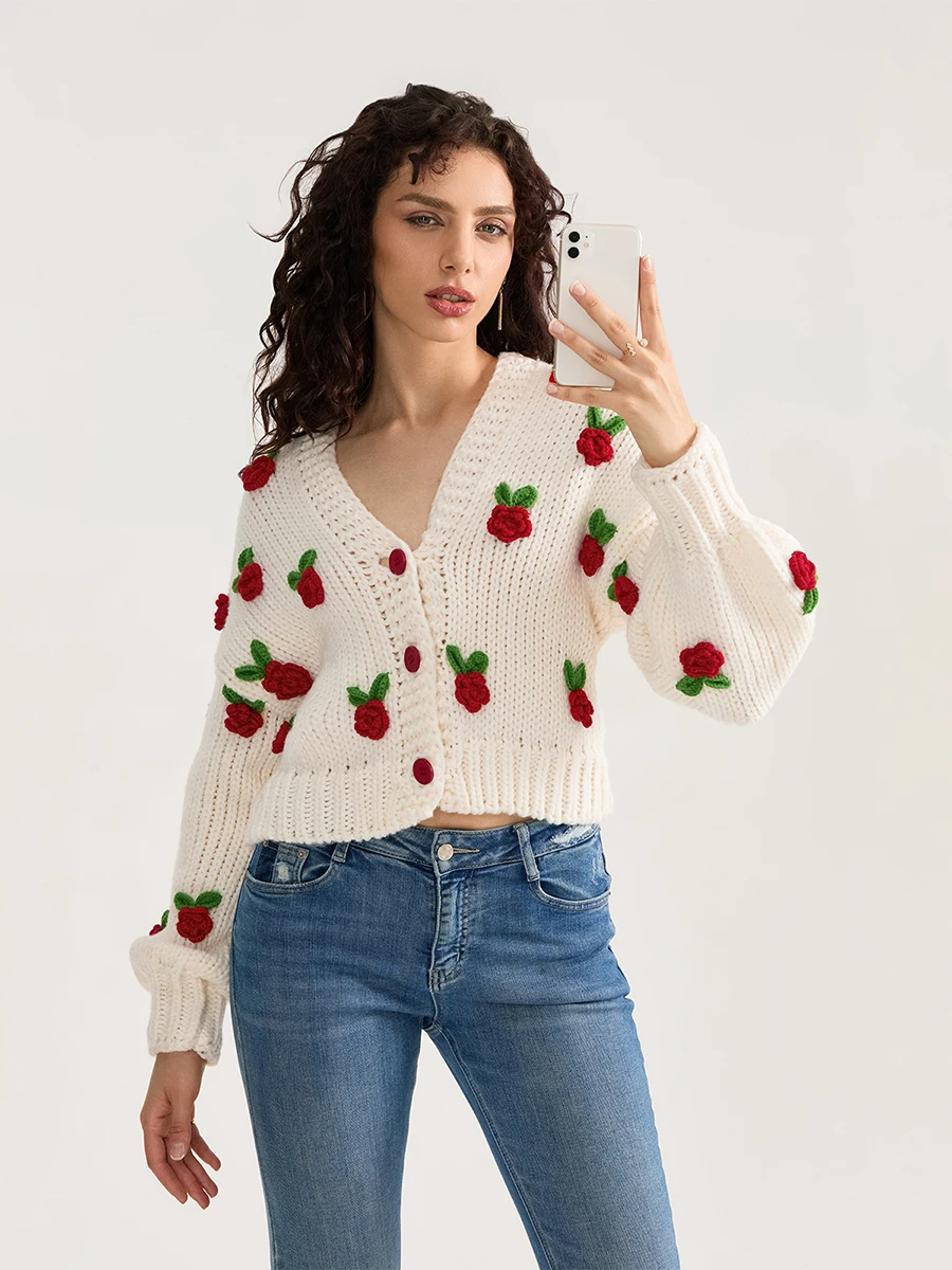 Women Knit Cardigan Long Sleeve Flowers Button Closure Fall Casual Jacket Sweater