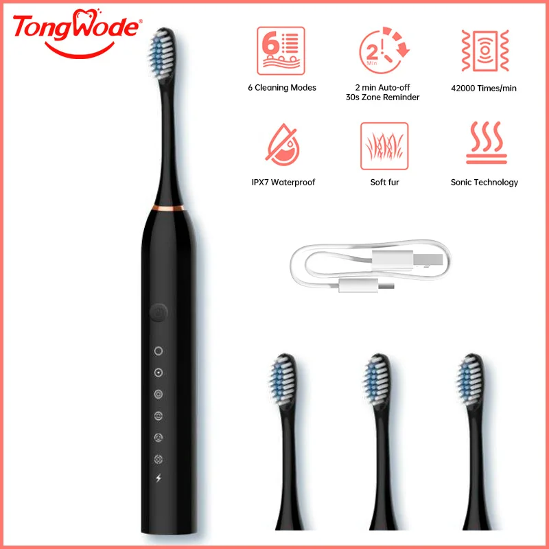 Tongwode USB Rechargeable Electric Ultrasonic Toothbrush Six Speed Mode Home Soft Hair Waterproof Adult Tooth Cleaner Automatic