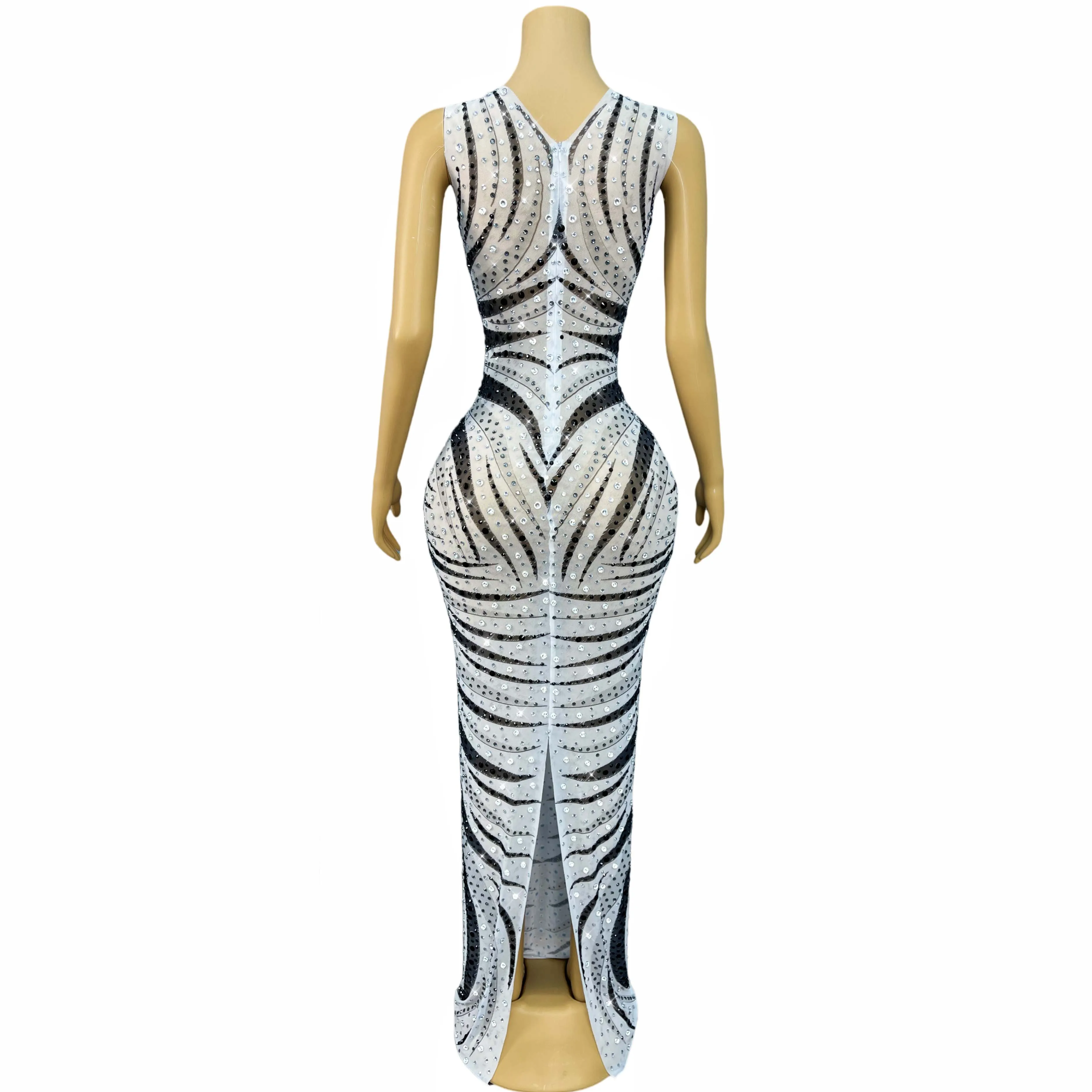 Hoge kwaliteit tijgerpatroon glanzende strass teelt mesh jurk avondjurk rode loper show mode-outfit Baihupi