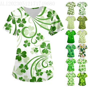 Verpleegstersuniformen Vrouwen Vrolijk Kerstprint Korte Mouw Steek Scrubs Werken Medische Blouse Overalls Uniformen Medische Verpleging