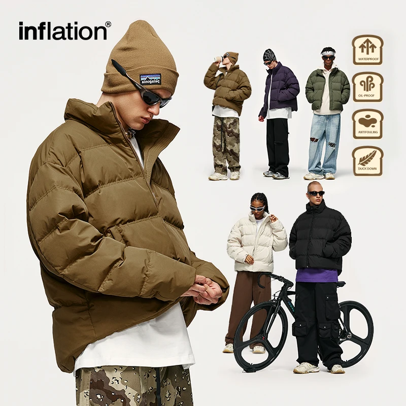 INFLATION Solid Color Windproof Crop Puffer Jacket Unisex Winter Thick Short Style 70% White Duck Down Jacket Mens Outerwear