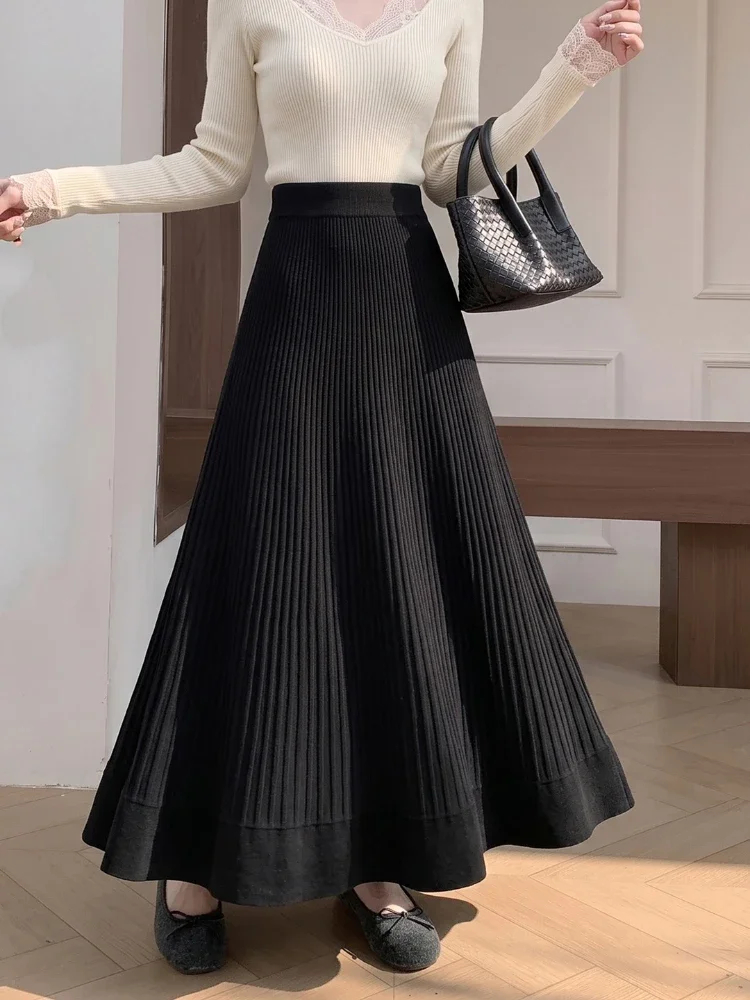 Autumn Winter Gentle Knitted Pleated Women Maxi Skirts High Waist Draped Heavy‑Weight A‑Line Flowy Swing Versatile Half Skirt