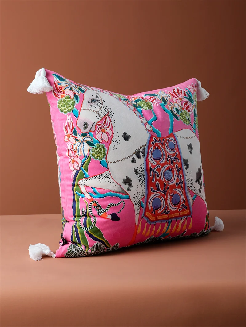 Chinoiserie Zebra With Asian Peonies Cushion Cover Luxury Mystical Animals Decorative Pillowcase With Tassels Cute Soft Velvet