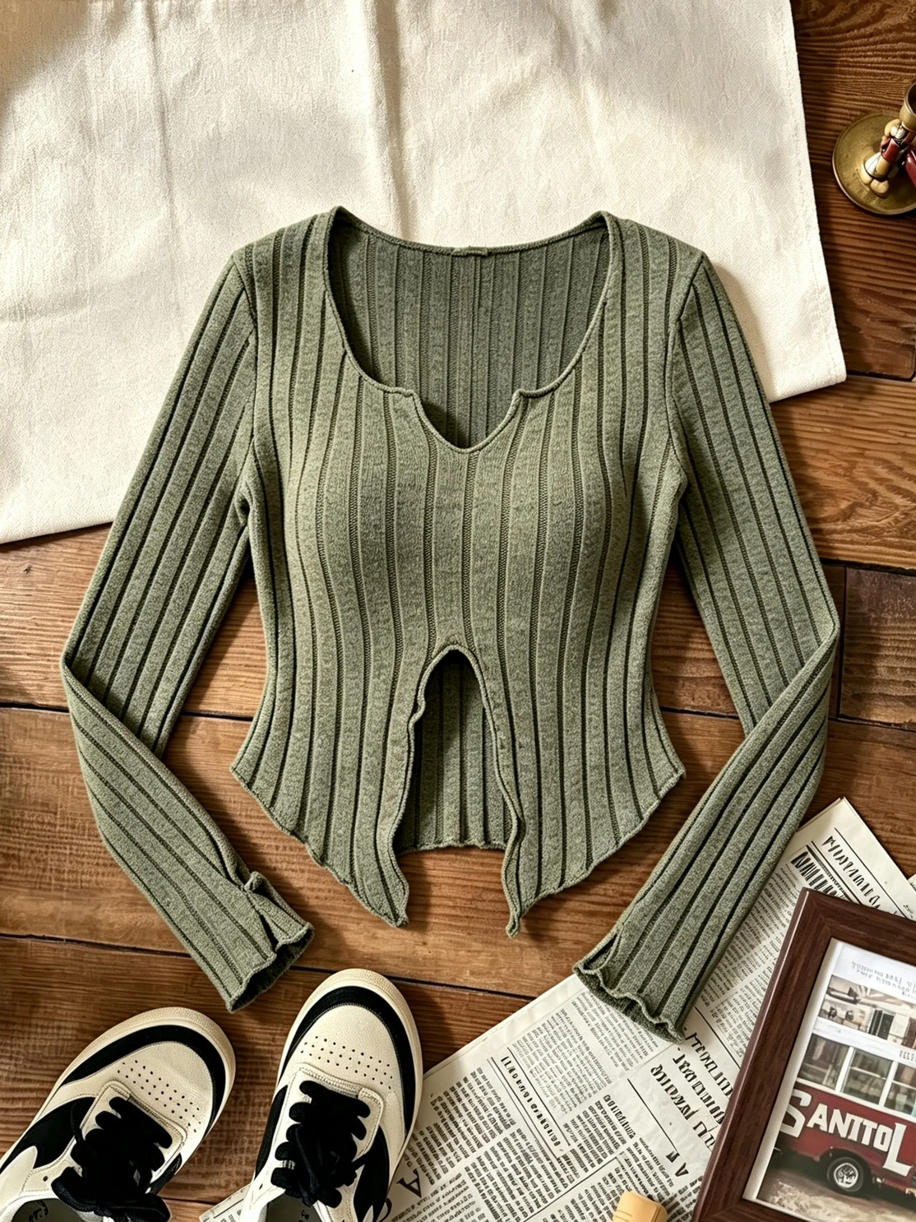 Women Notched V Neck Long Sleeve Crop Top Vertical Ribbed Knit Split Front Irregular Hem Slim Fit Stretchy Casual Going Out Blou
