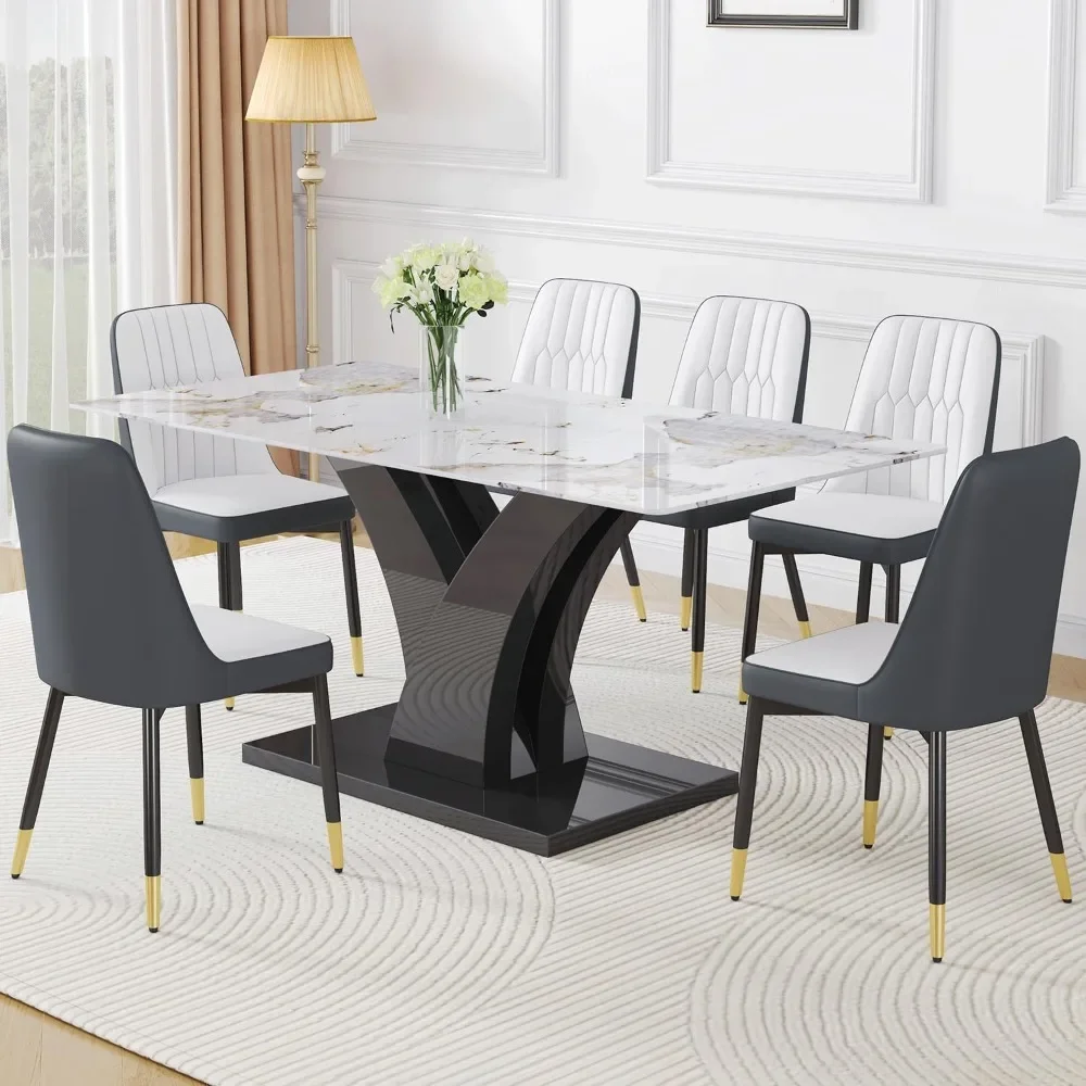 Modern Dining Room Table Set for 6, Faux Marble Kitchen Table and 6 PU Leather Chairs, 67” Rectangular Tempered Glass Table Set