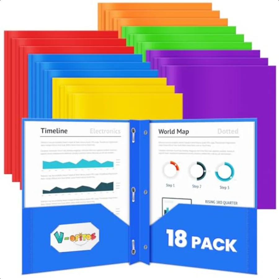 

18 Packs 2 Pocket Folders with 3 Prongs Fastener Clasps Bulk Heavy Duty Plastic Folders Multicolor Files Folders in 6 Colors fo