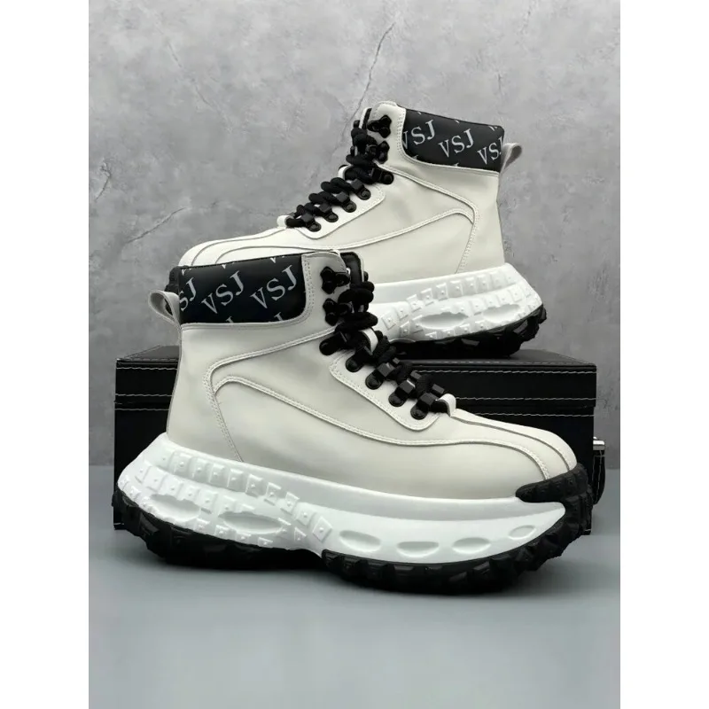 

Trendy Men's High-Top Boots Leather Surface Spor Casual Thi Bot Workwear oes round Toe Flat Heel Pure Color