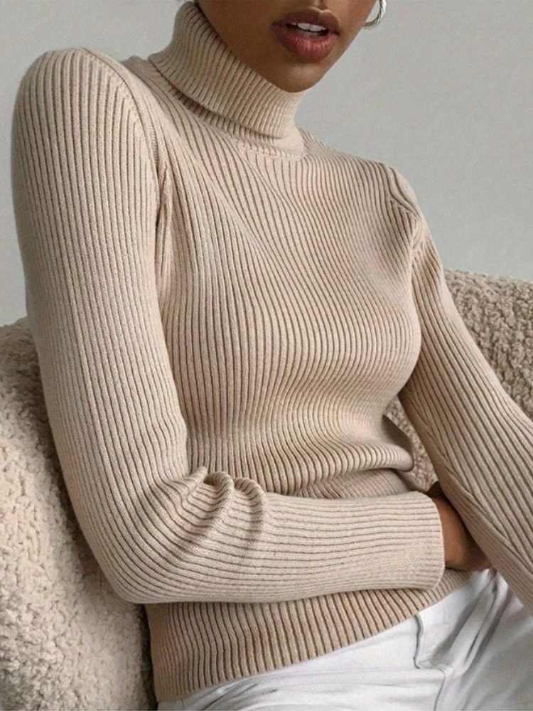 Weiche, gemütliche, einfarbige, langärmlige, lässige Winterpullover für Damen, Rollkragenpullover, Strickpullover, modische Herbst-Essentials